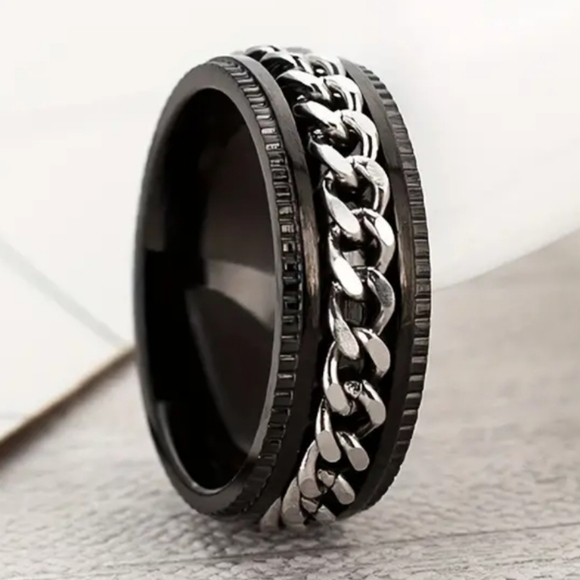 One Black Stainless steel rotating fidget spinner ring - Picture 2 of 3